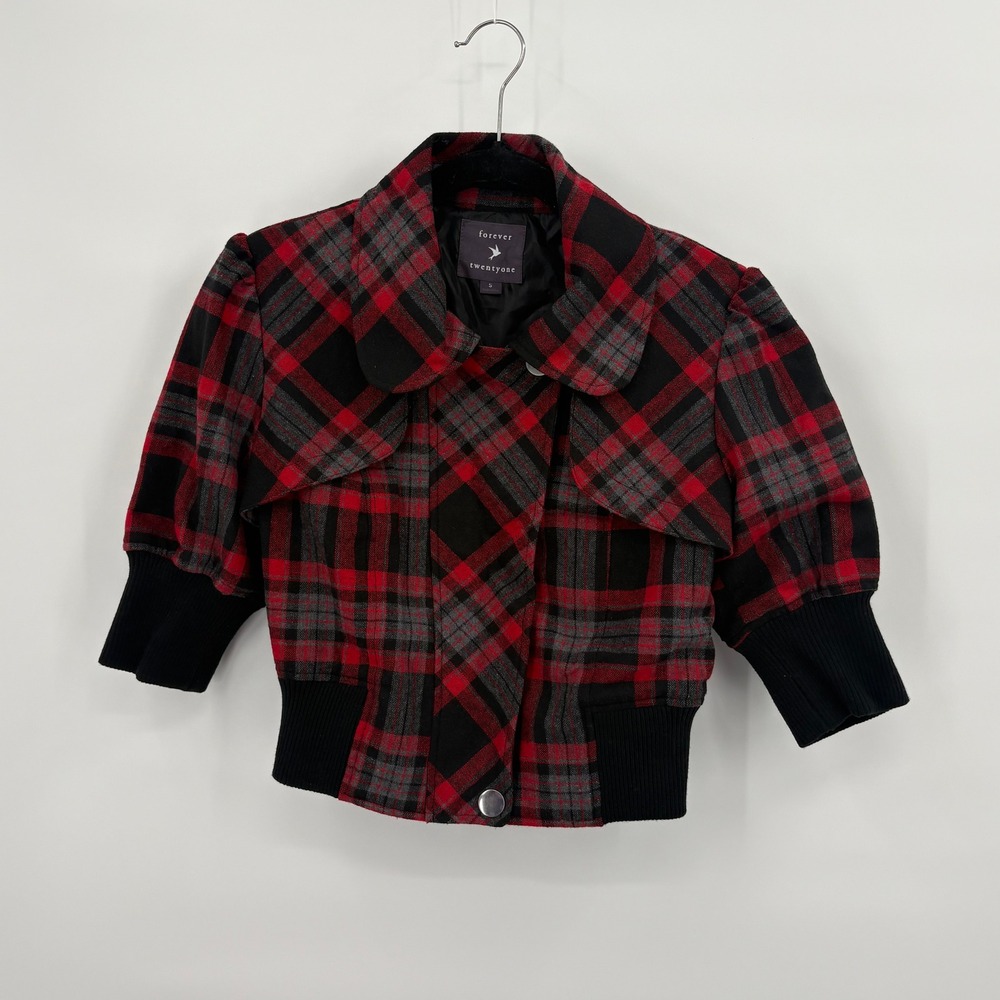 Forever 21 Red Black Plaid Cropped Bomber Jacket Wool Blend 3/4 Sleeve Small Y2K